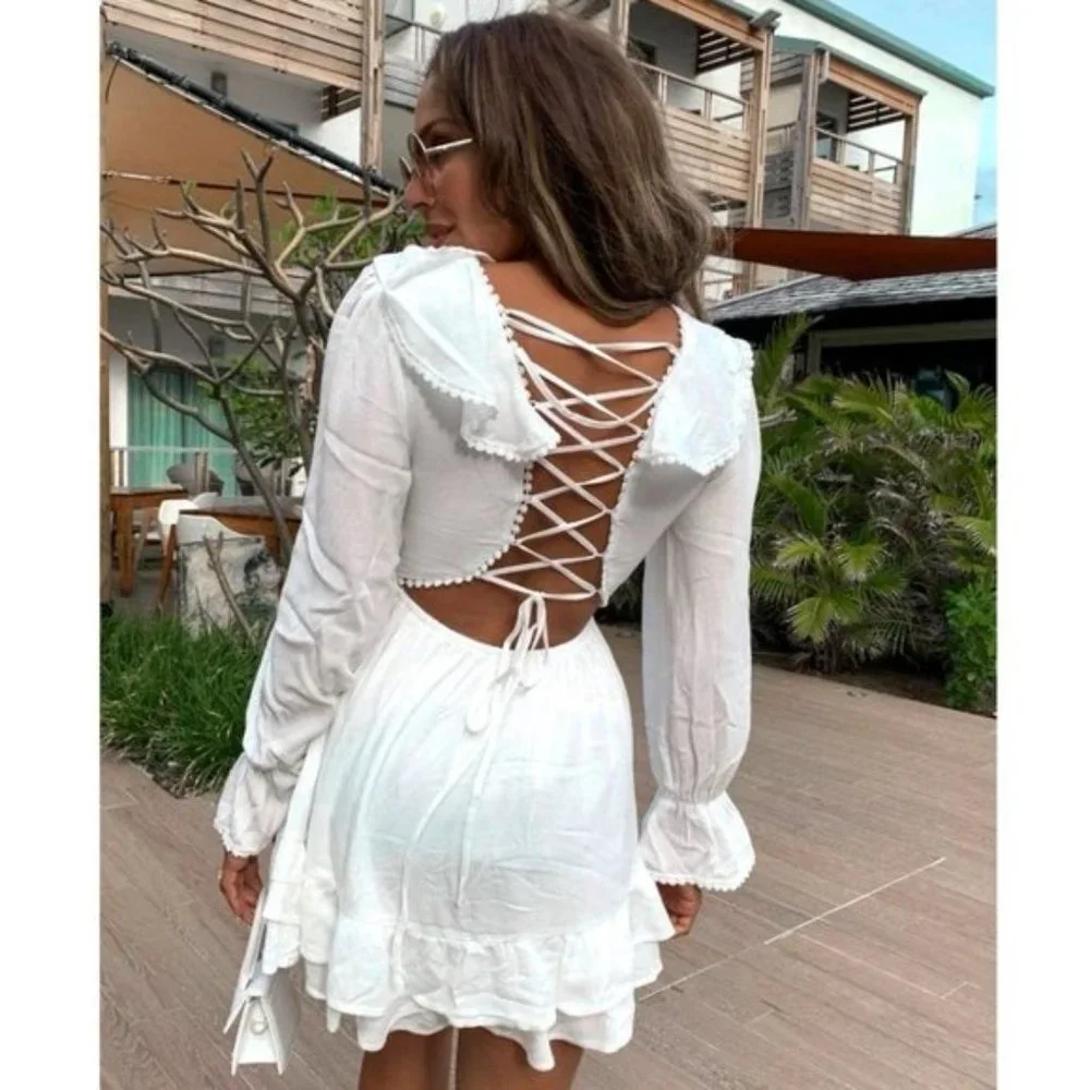 White Long Sleeve V-Neck Open Back Ruffle Hem Mini Dress - Picture 12 of 17
